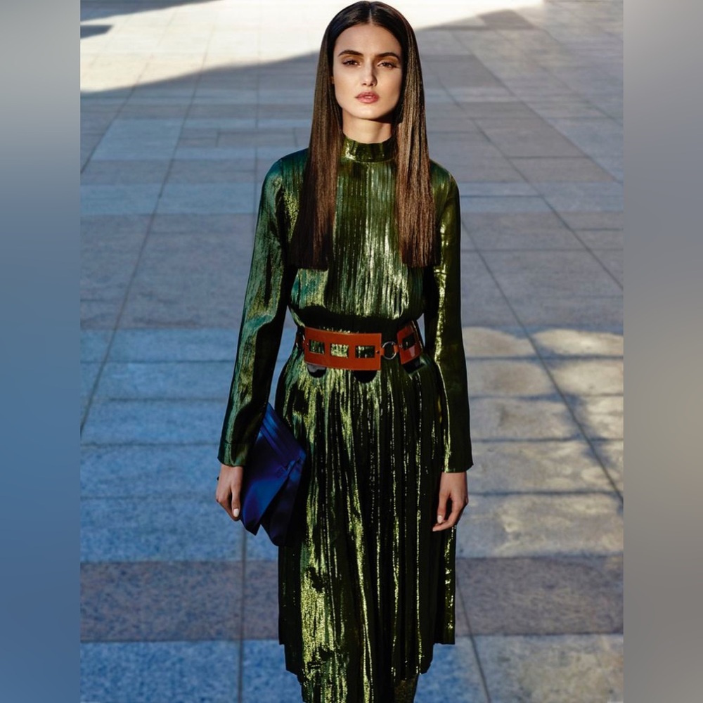 Loewe Shiny Pleated Lurex Midi Length Dress. Sweet shiny metallic olive green. - Picture 4 of 15